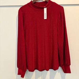NWT Chico's Blouse Womens Large (2) Red Sparkle Mock Neck Balloon Sleeve Knit